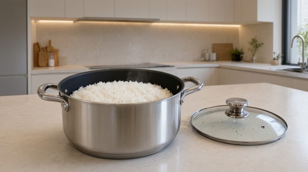 Panela média de 3 litros com arroz recém preparado, item essencial para iniciantes