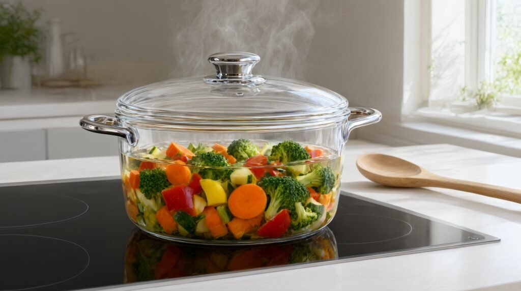 Panela de vidro transparente mostrando alimentos cozinhando, demonstrando vantagem da visibilidade