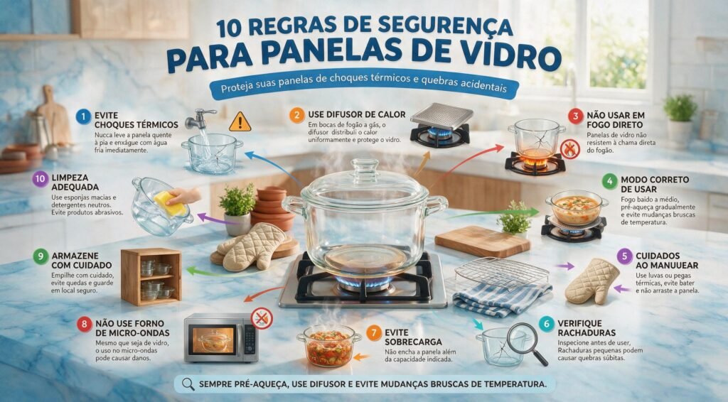 Infográfico com regras essenciais de segurança para uso de panelas de vidro