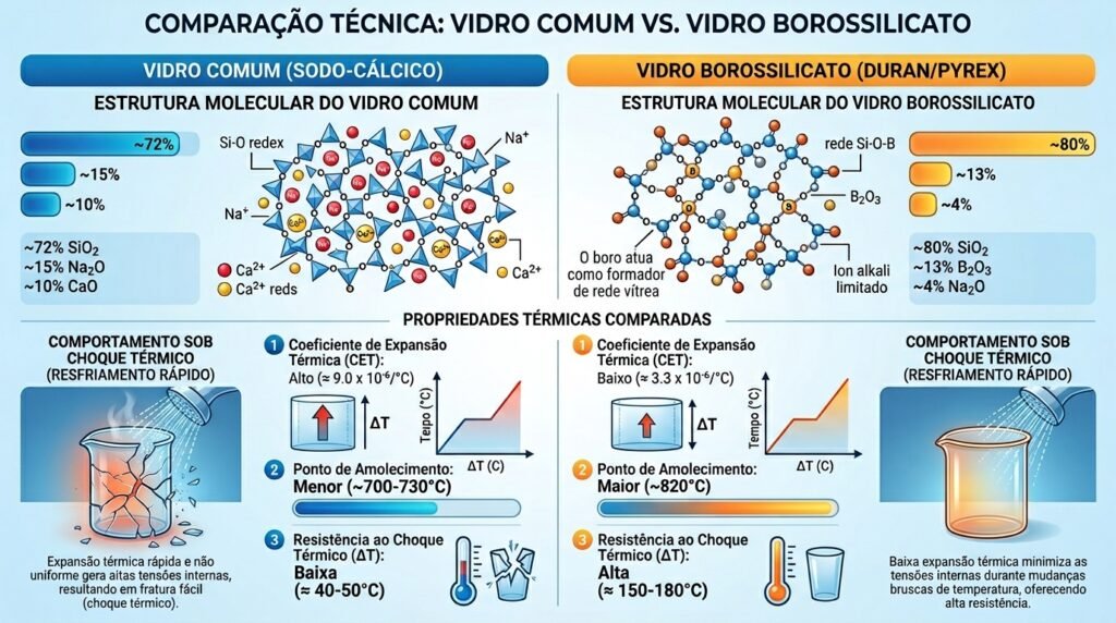 Infográfico educativo comparando vidro borossilicato com vidro comum