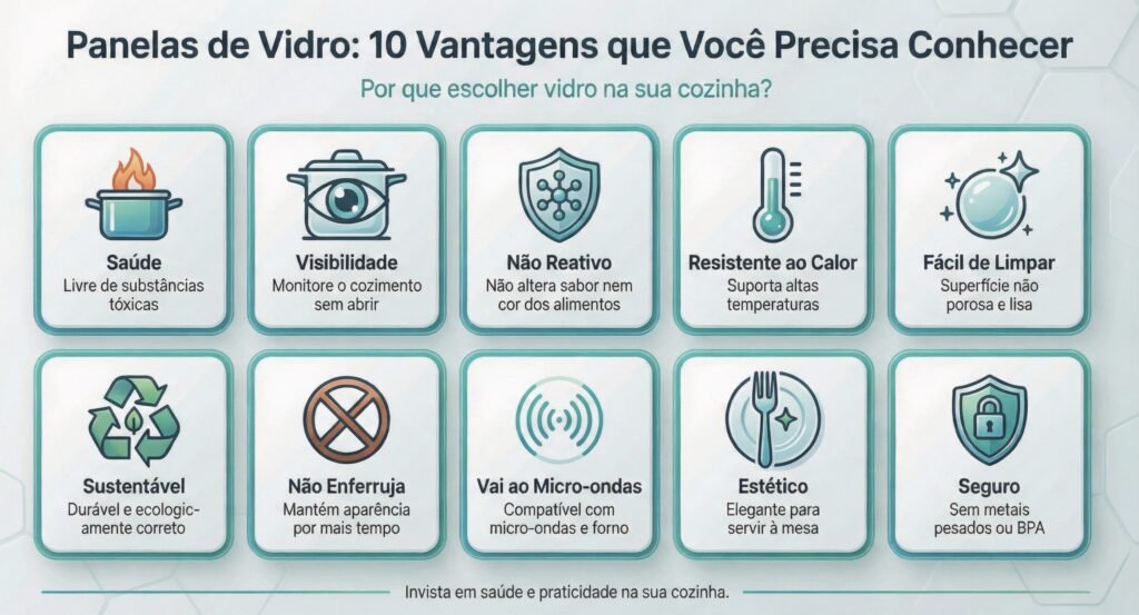 Infográfico ilustrando as principais vantagens das panelas de vidro