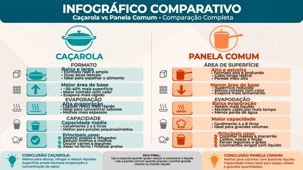 Infográfico comparativo detalhado entre caçarola e panela comum