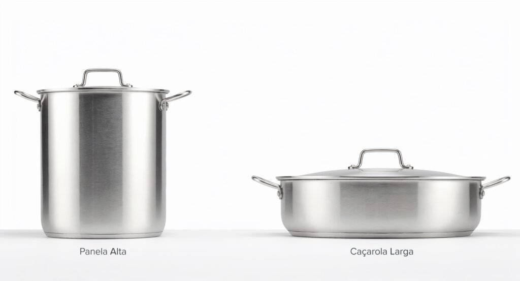 Comparação visual direta entre panela comum e caçarola mostrando diferenças de formato