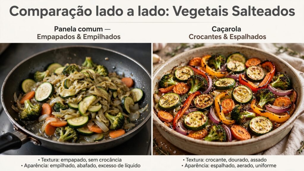 Diferença de resultado ao saltear vegetais em panela comum vs caçarola