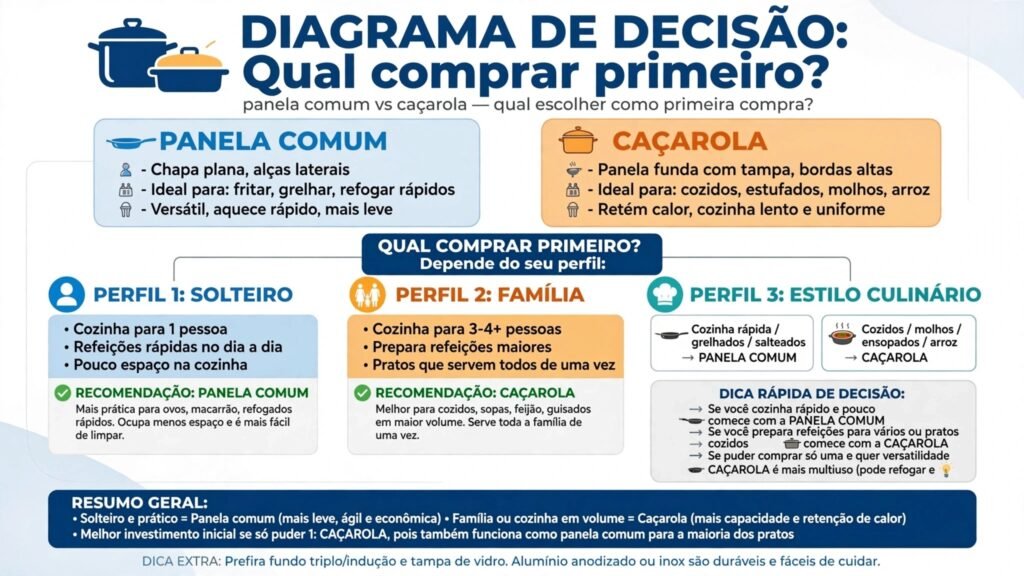 Diagrama de decisão para escolher entre panela comum ou caçarola como primeira compra