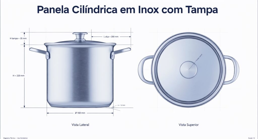 Panela comum cilíndrica mostrando proporções características altura vs largura
