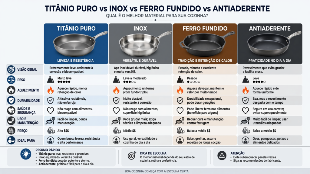 Comparação completa entre panelas de titânio e outros materiais populares