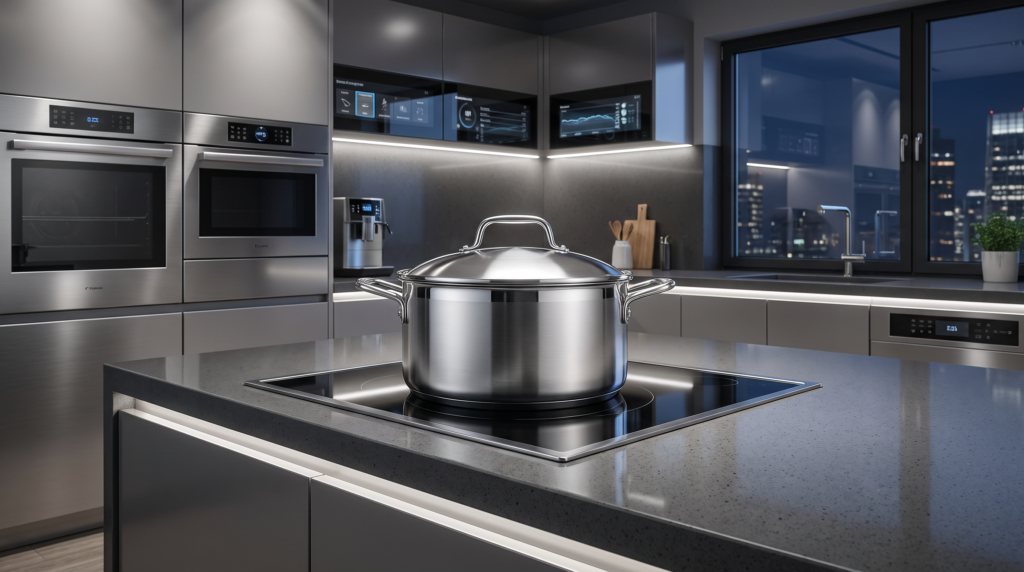 Panela de titânio puro com acabamento premium em ambiente de cozinha contemporânea