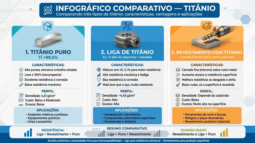 Infográfico educativo mostrando diferenças entre titânio puro, ligas e revestimentos