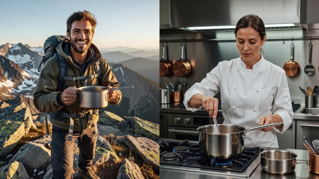 Comparação visual mostrando contextos apropriados para titânio (camping) vs inox (cozinha)