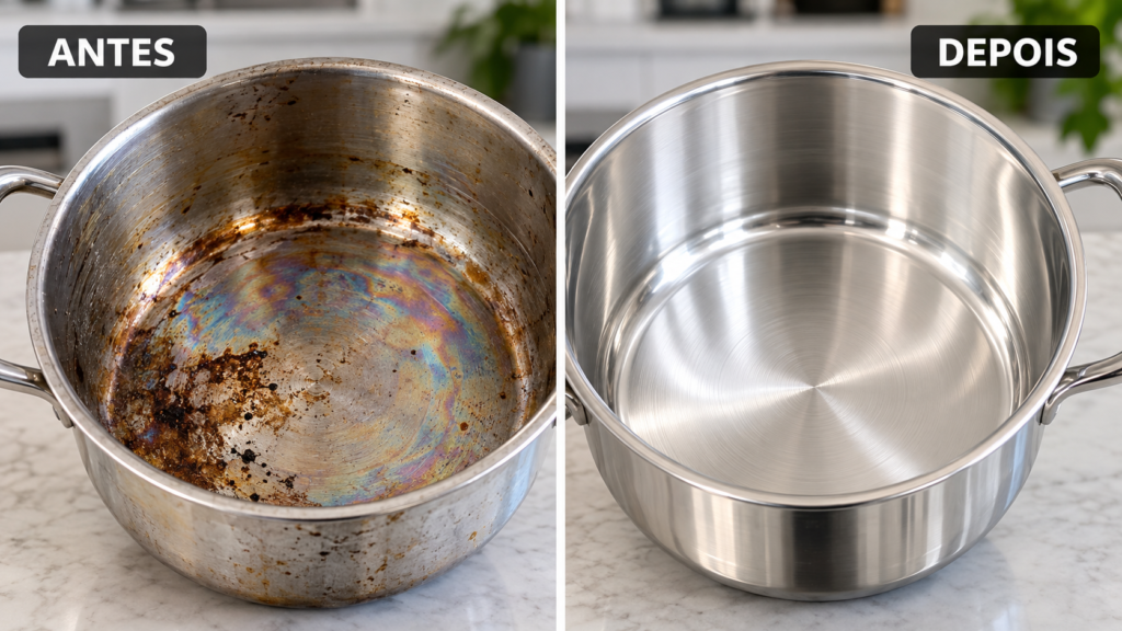 Comparação de panela de inox antes e depois de limpeza profunda removendo manchas