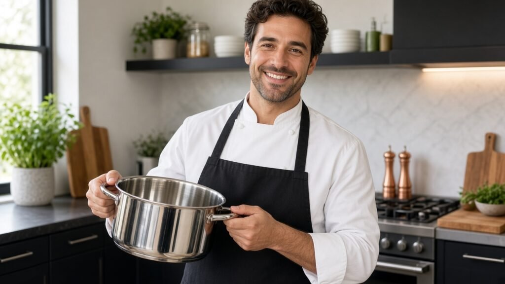 Cozinheiro doméstico confiante e feliz com sua panela de aço inox de qualidade