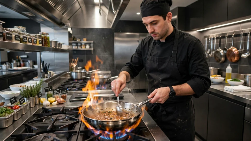 Chef profissional utilizando panela de aço inox em cozinha de restaurante