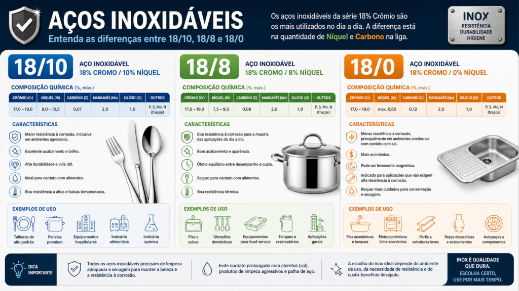 Infográfico explicando os diferentes tipos e composições de aço inoxidável